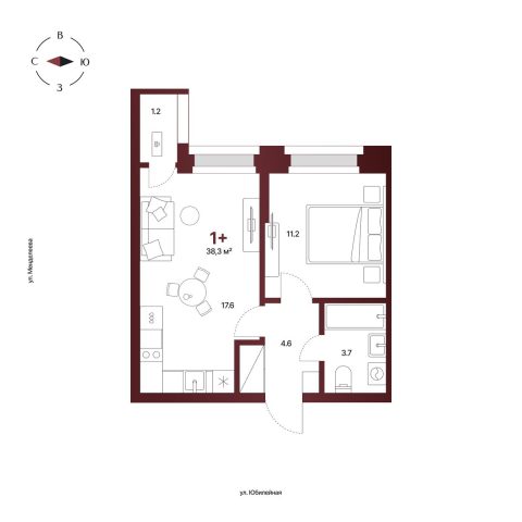 Планировка: 1-комнатная квартира 38,3 м², 5 этаж