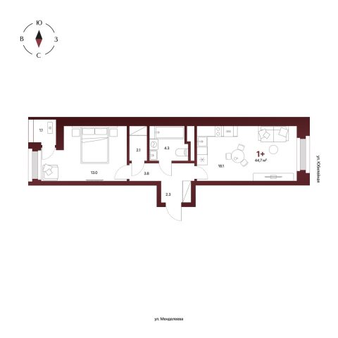 Планировка: 1-комнатная квартира 44,7 м², 2 этаж