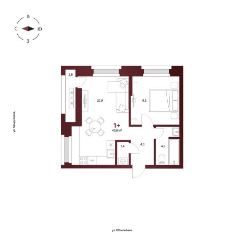 Планировка: 1-комнатная квартира 45,8 м², 14 этаж