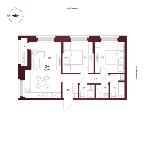 Планировка: 2-комнатная квартира 66,3 м², 12 этаж