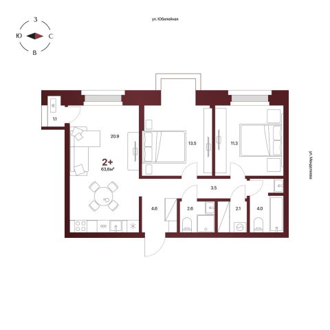 Планировка: 2-комнатная квартира 63,6 м², 3 этаж