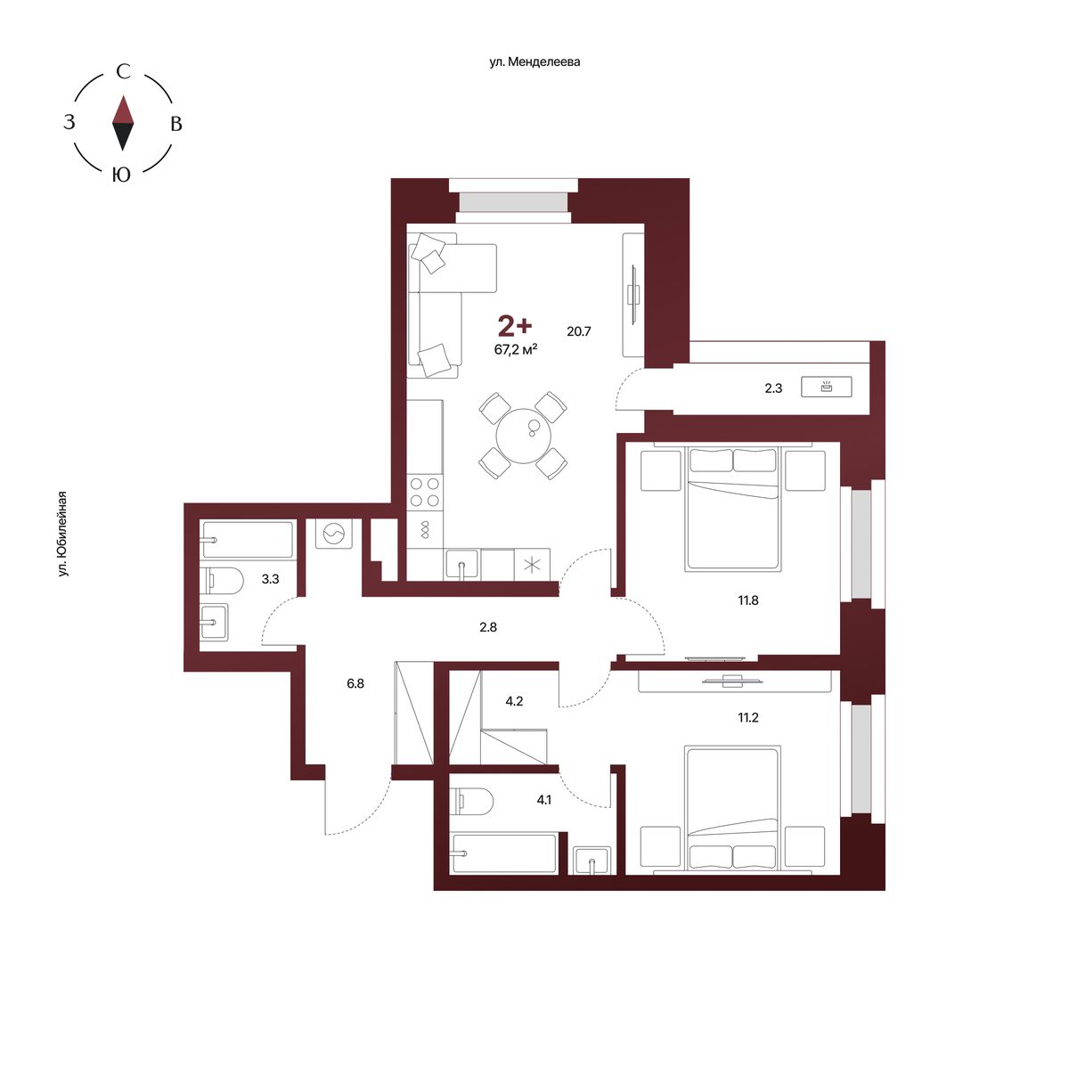 Планировка: 2-комнатная квартира 67,2 м², 6 этаж