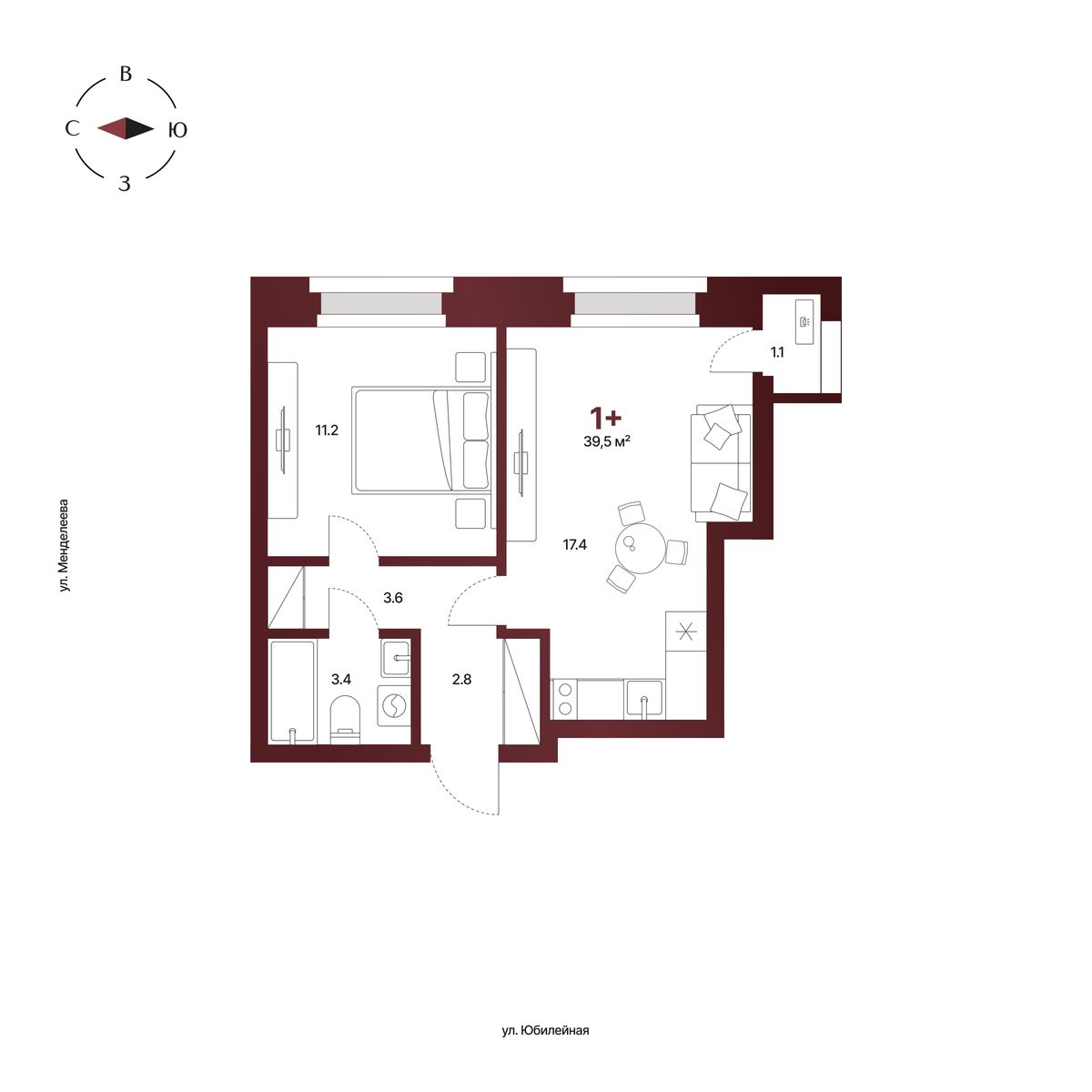 Планировка: 1-комнатная квартира 39,5 м², 10 этаж