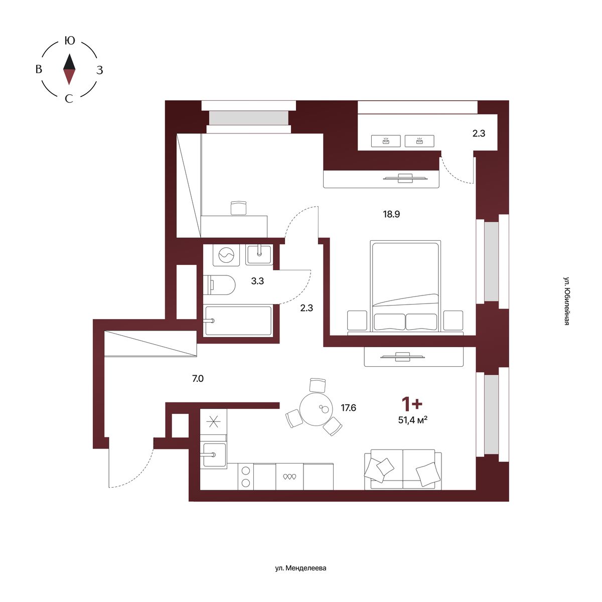 Планировка: 1-комнатная квартира 51,4 м², 14 этаж