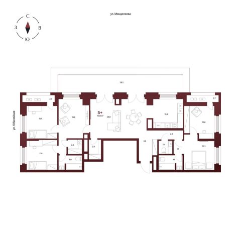 Планировка: 5-комнатная квартира 162,1 м², 12 этаж