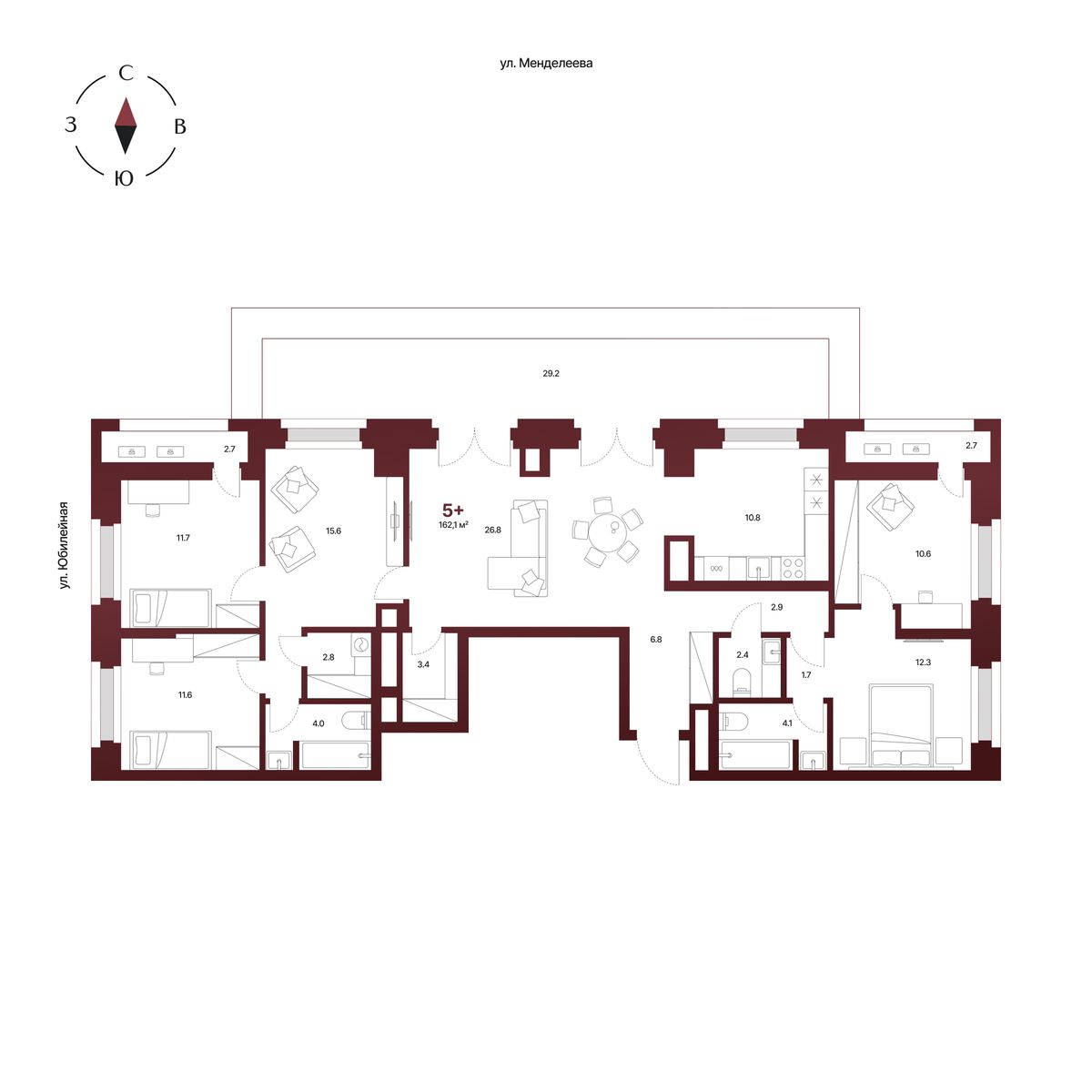 Планировка: 5-комнатная квартира 162,1 м², 12 этаж