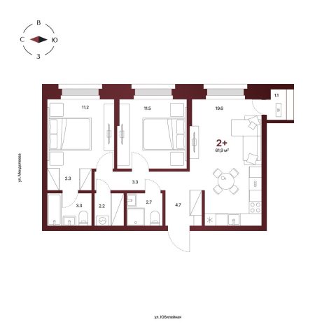 Планировка: 2-комнатная квартира 61,9 м², 10 этаж