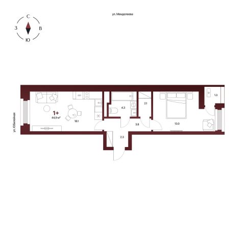 Планировка: 1-комнатная квартира 44,9 м², 8 этаж
