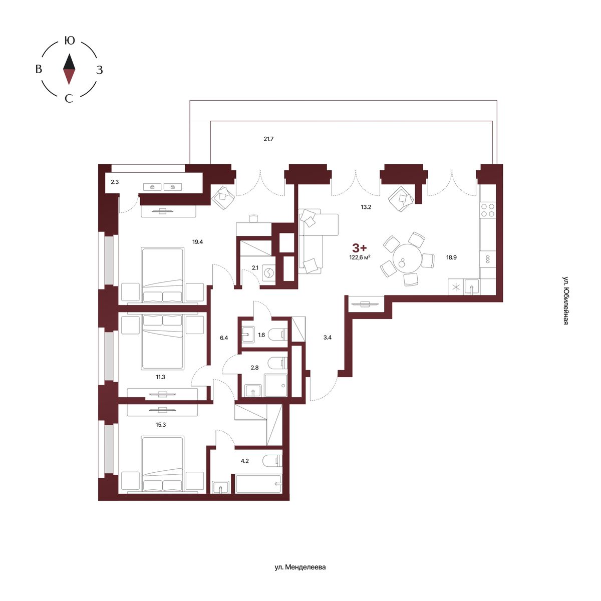Планировка: 3-комнатная квартира 122,6 м², 12 этаж