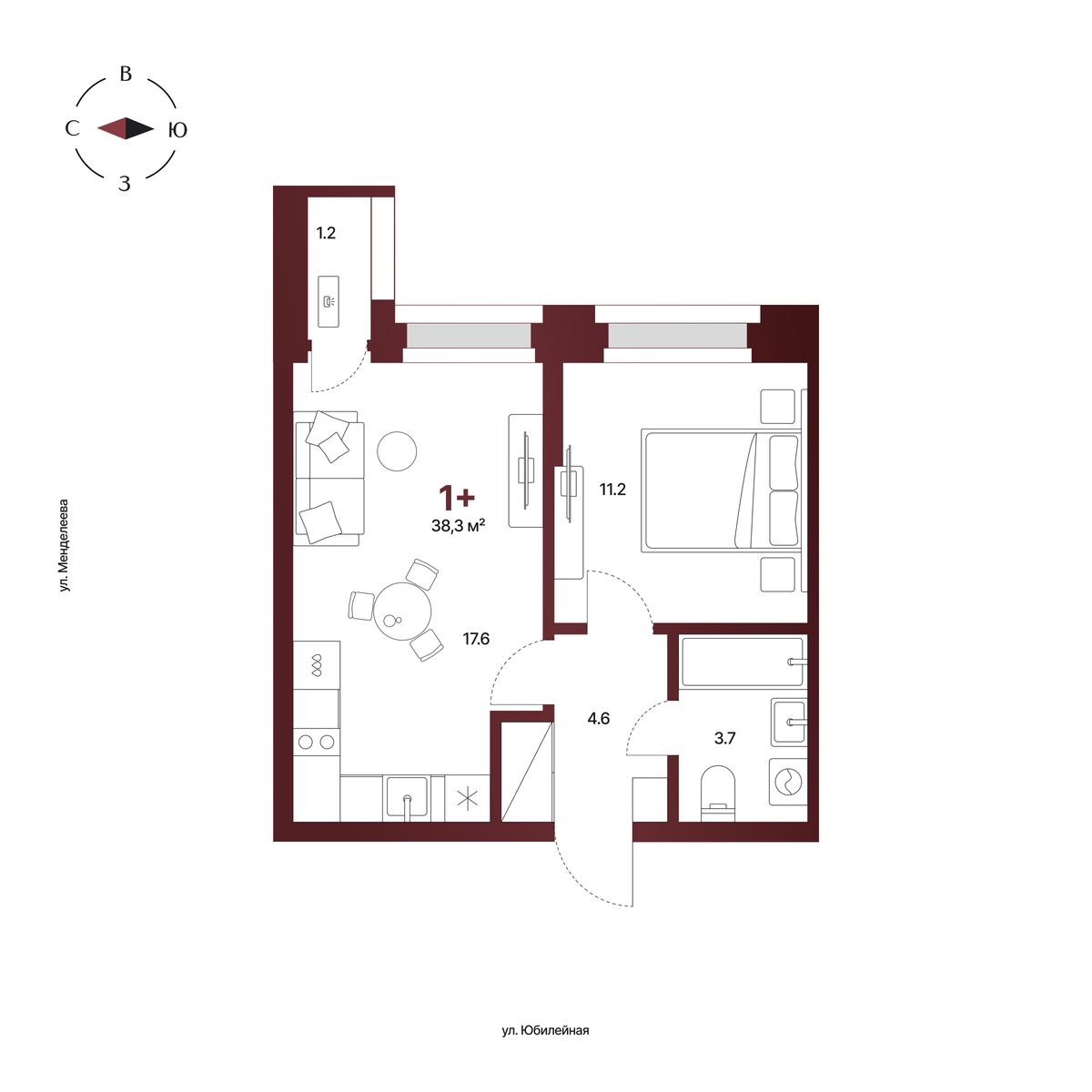 Планировка: 1-комнатная квартира 38,3 м², 3 этаж
