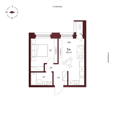 Планировка: 1-комнатная квартира 38,7 м², 11 этаж