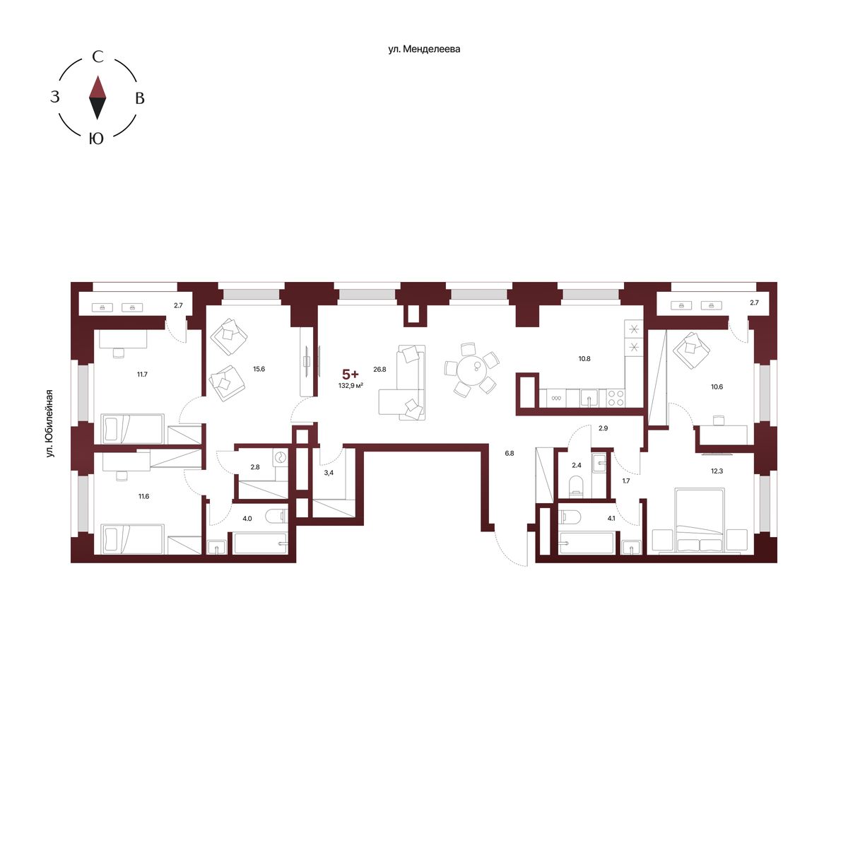 Планировка: 5-комнатная квартира 132,9 м², 13 этаж