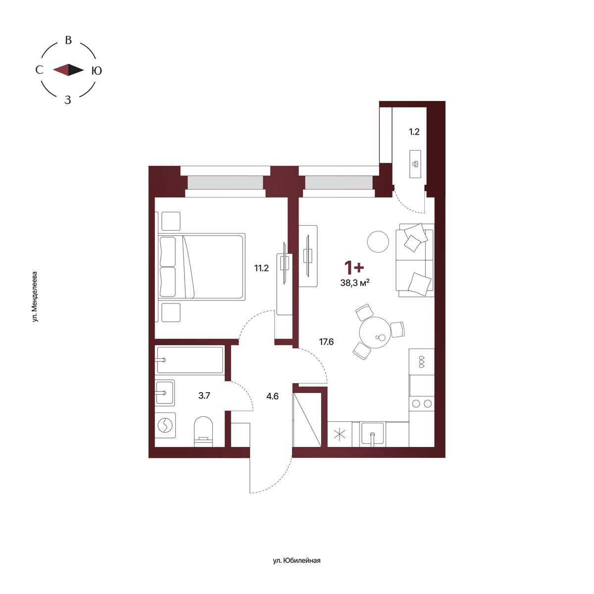 Планировка: 1-комнатная квартира 38,3 м², 5 этаж