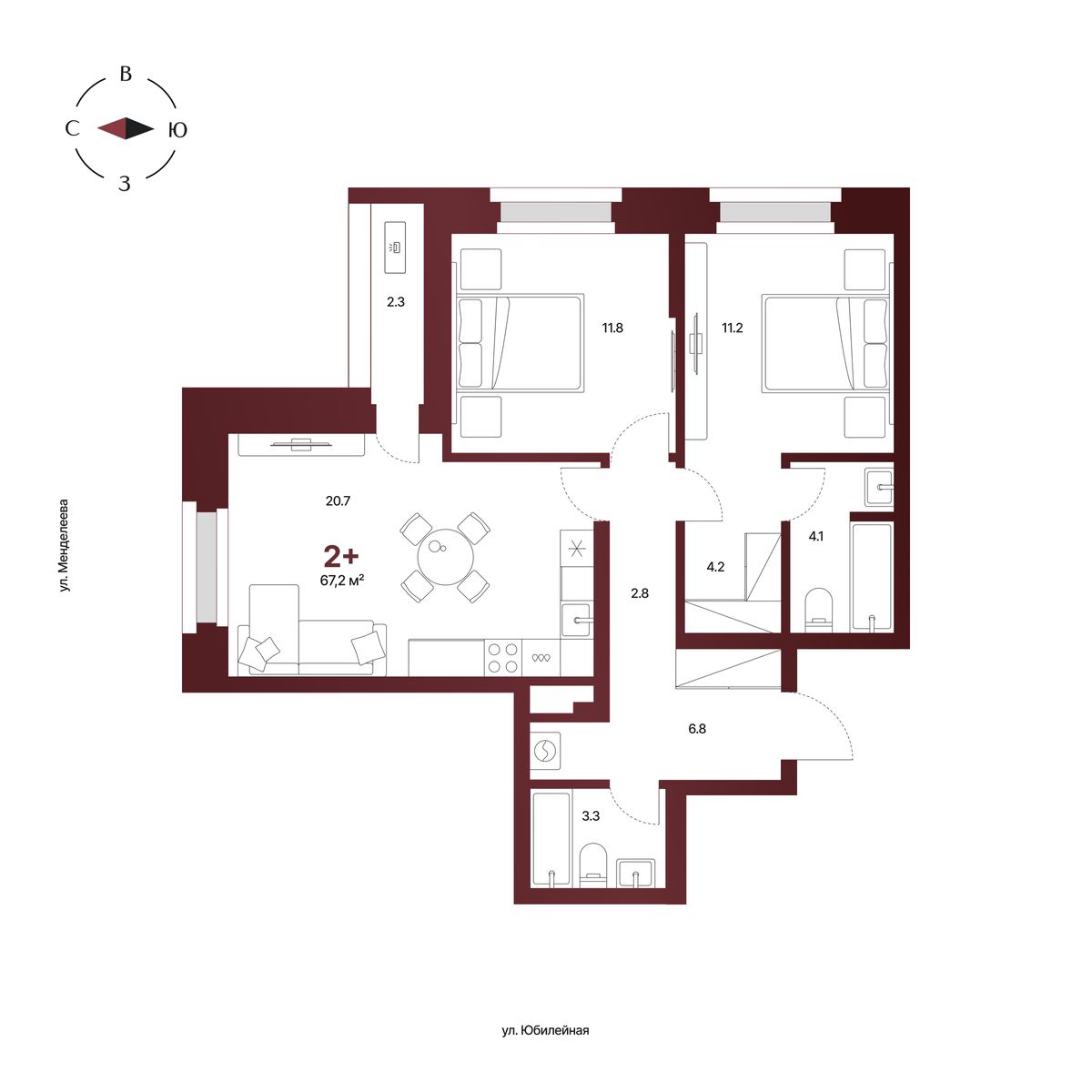 Планировка: 2-комнатная квартира 67,2 м², 8 этаж