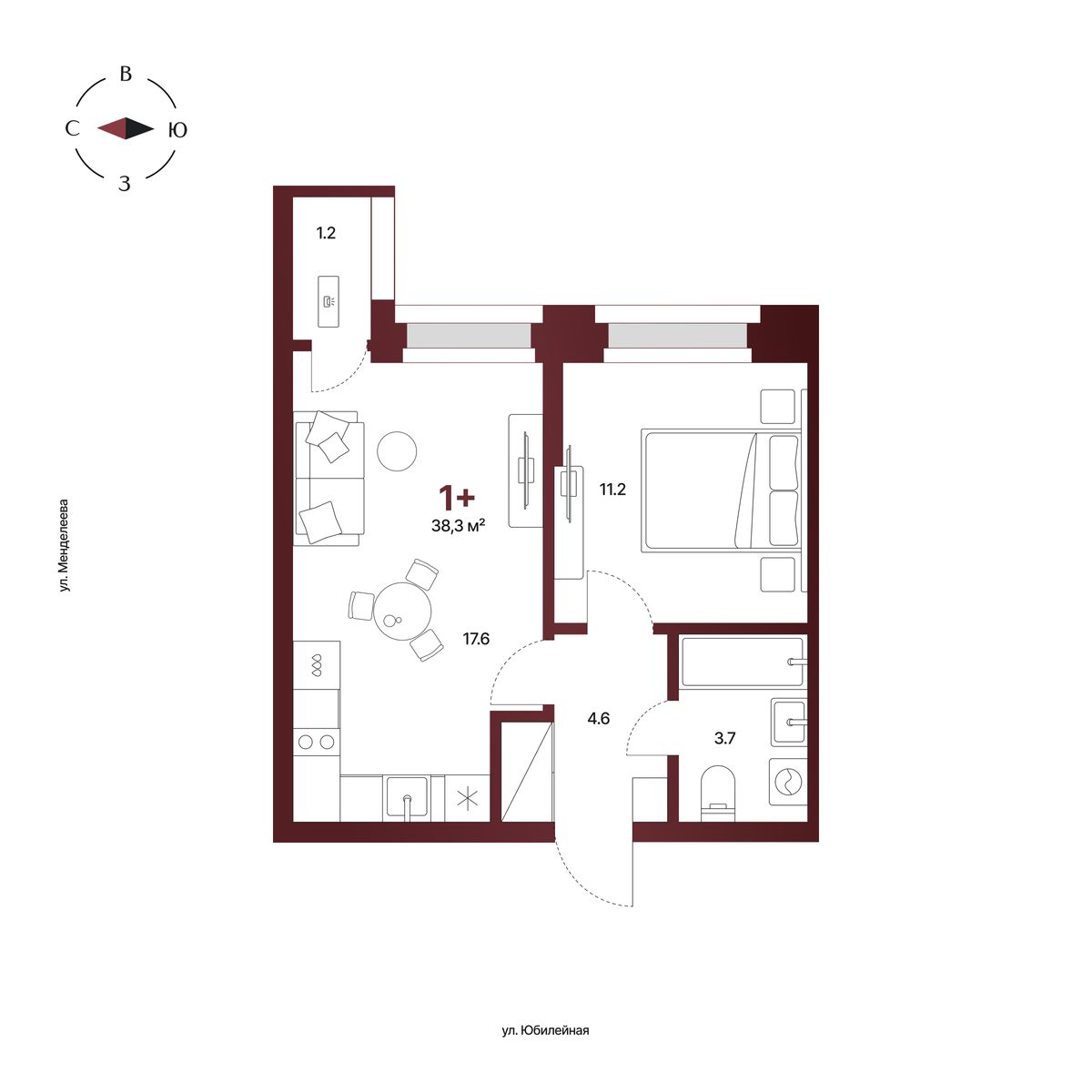 Планировка: 1-комнатная квартира 38,3 м², 8 этаж