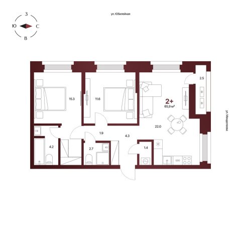 Планировка: 2-комнатная квартира 65,9 м², 12 этаж