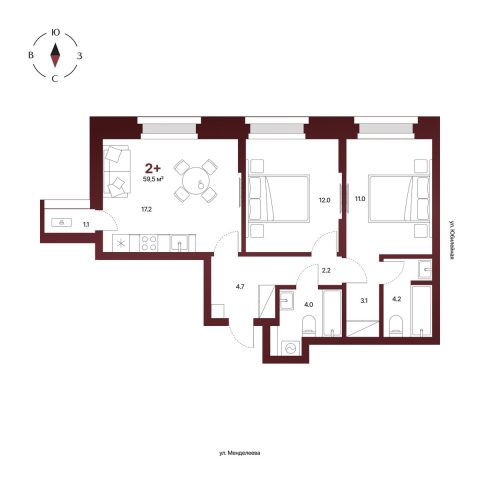 Планировка: 2-комнатная квартира 59,5 м², 6 этаж
