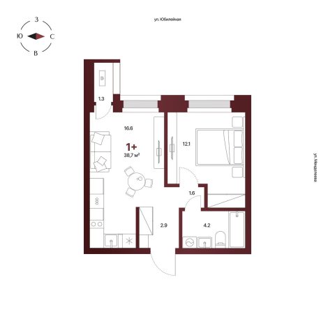 Планировка: 1-комнатная квартира 38,7 м², 6 этаж