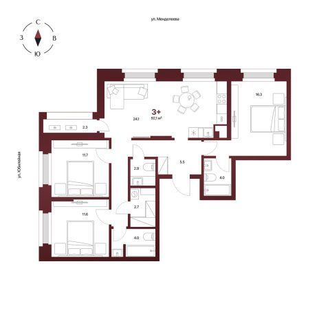 Планировка: 3-комнатная квартира 92,1 м², 6 этаж