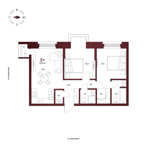 Планировка: 2-комнатная квартира 63,5 м², 3 этаж