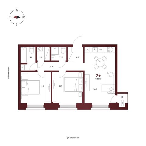 Планировка: 2-комнатная квартира 62 м², 7 этаж