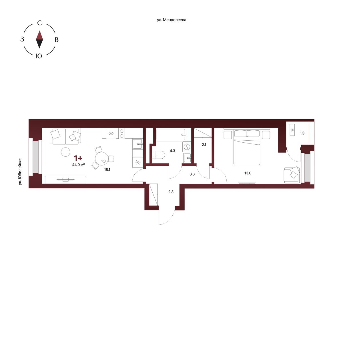 Планировка: 1-комнатная квартира 44,9 м², 5 этаж
