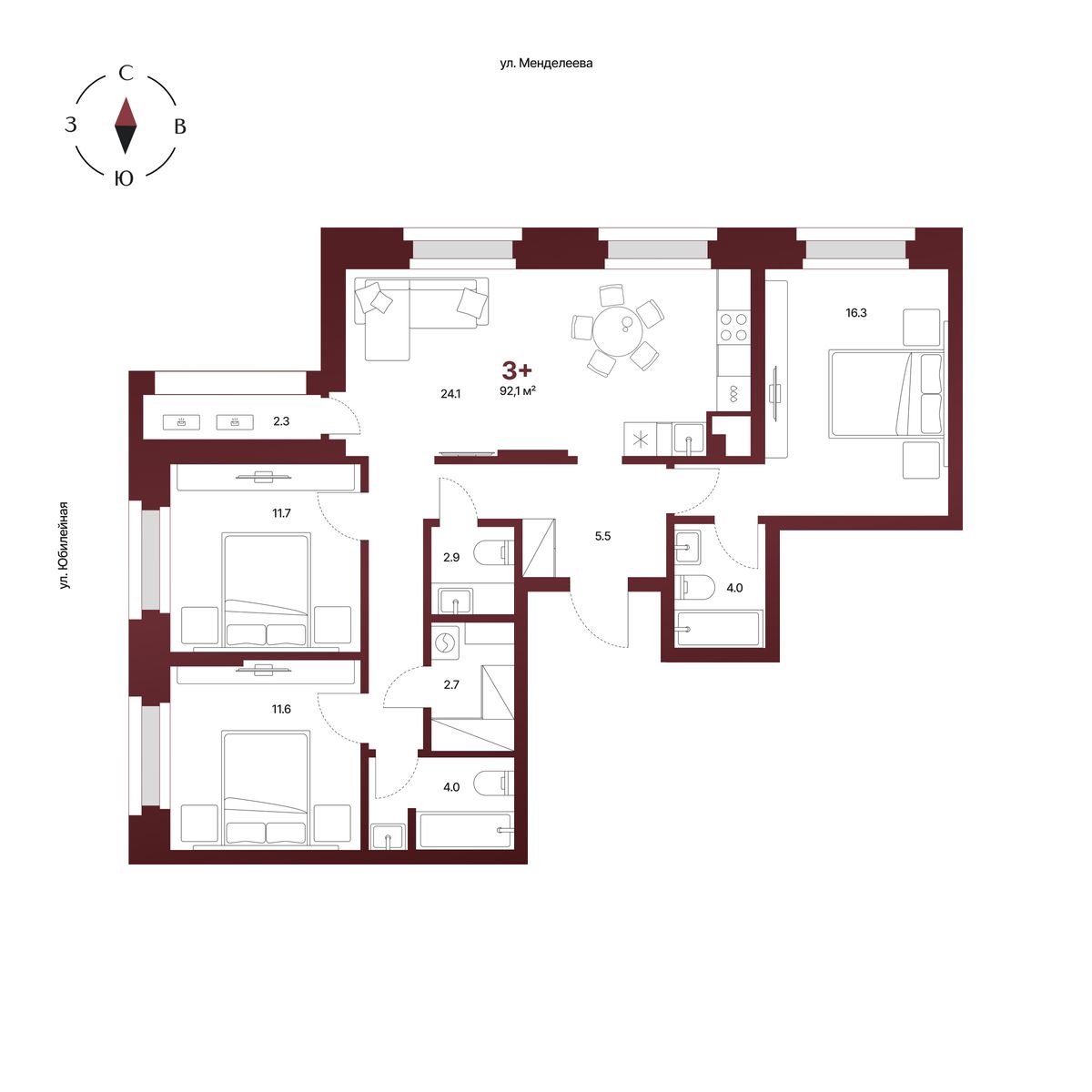 Планировка: 3-комнатная квартира 92,1 м², 9 этаж