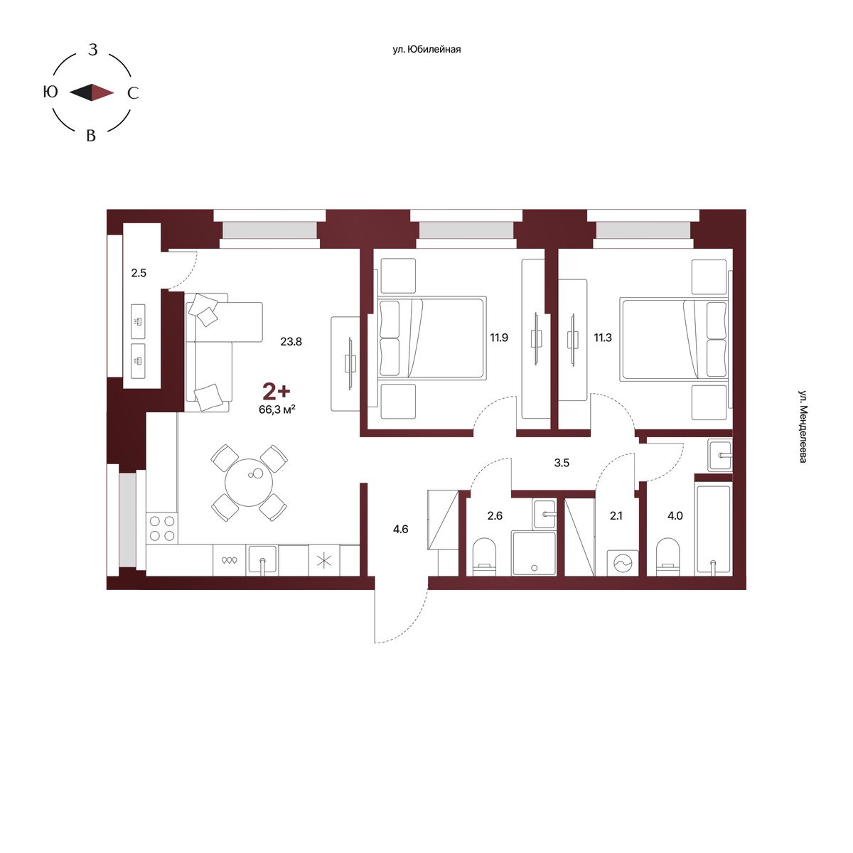 Планировка: 2-комнатная квартира 66,3 м², 14 этаж