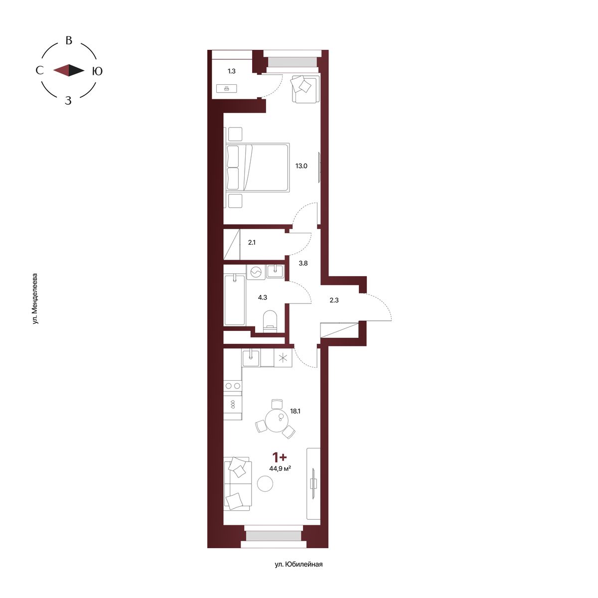 Планировка: 1-комнатная квартира 44,9 м², 9 этаж