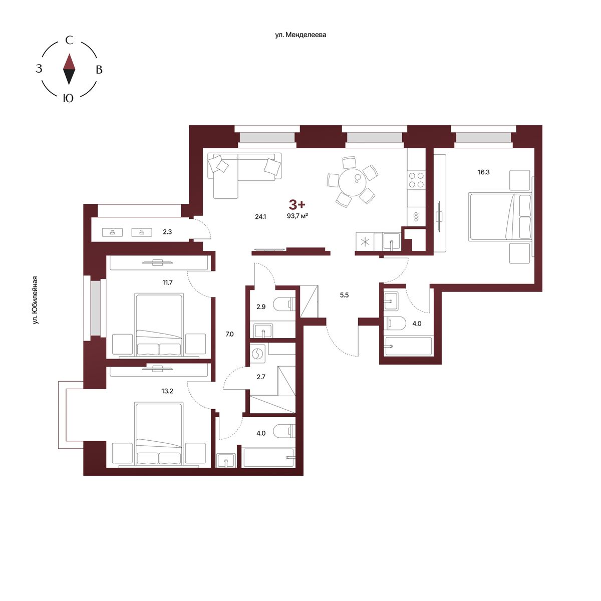 Планировка: 3-комнатная квартира 93,7 м², 4 этаж
