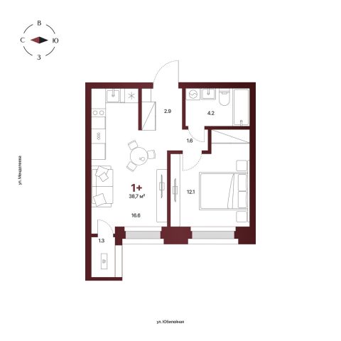 Планировка: 1-комнатная квартира 38,7 м², 8 этаж
