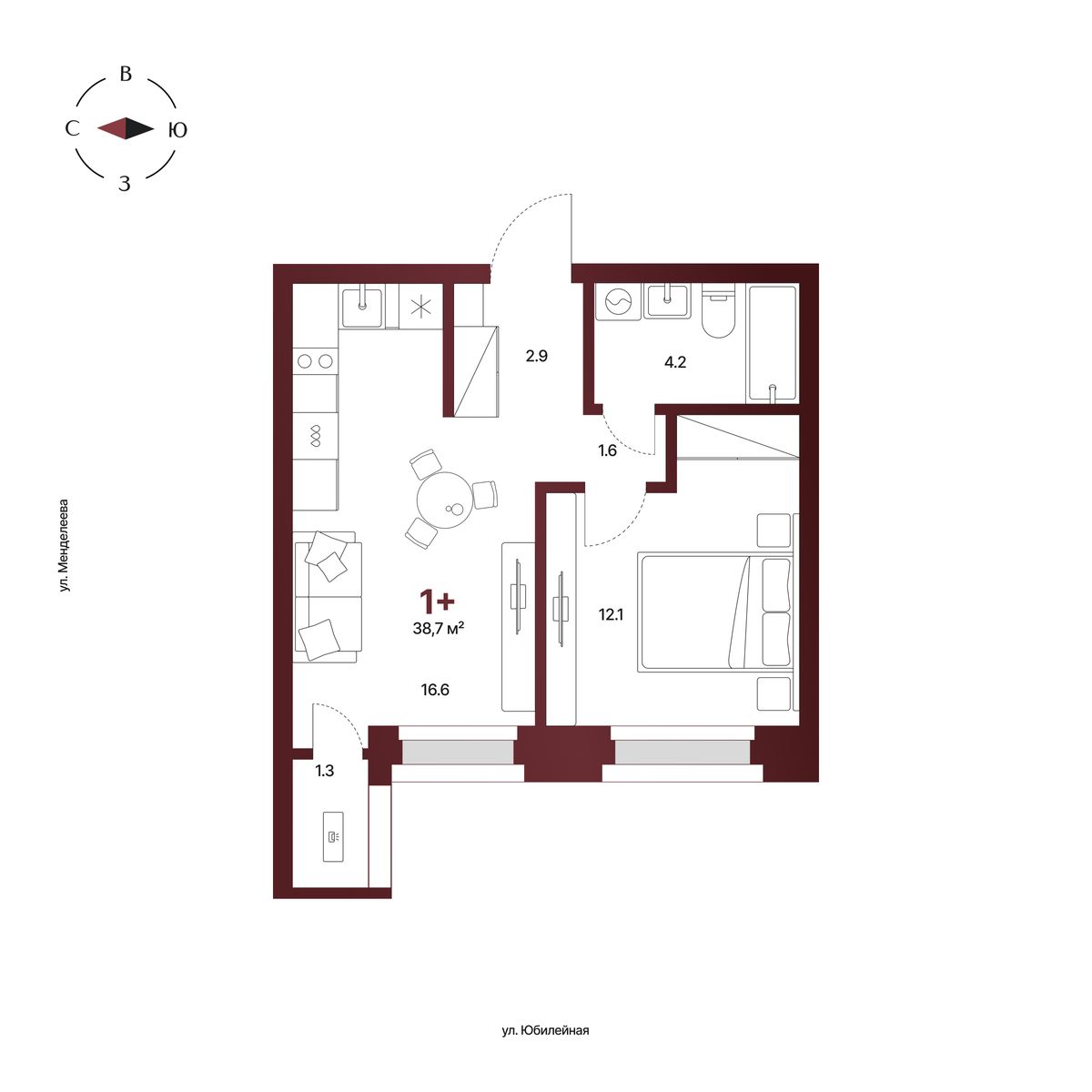 Планировка: 1-комнатная квартира 38,7 м², 8 этаж