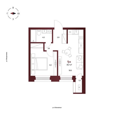 Планировка: 1-комнатная квартира 38,7 м², 9 этаж