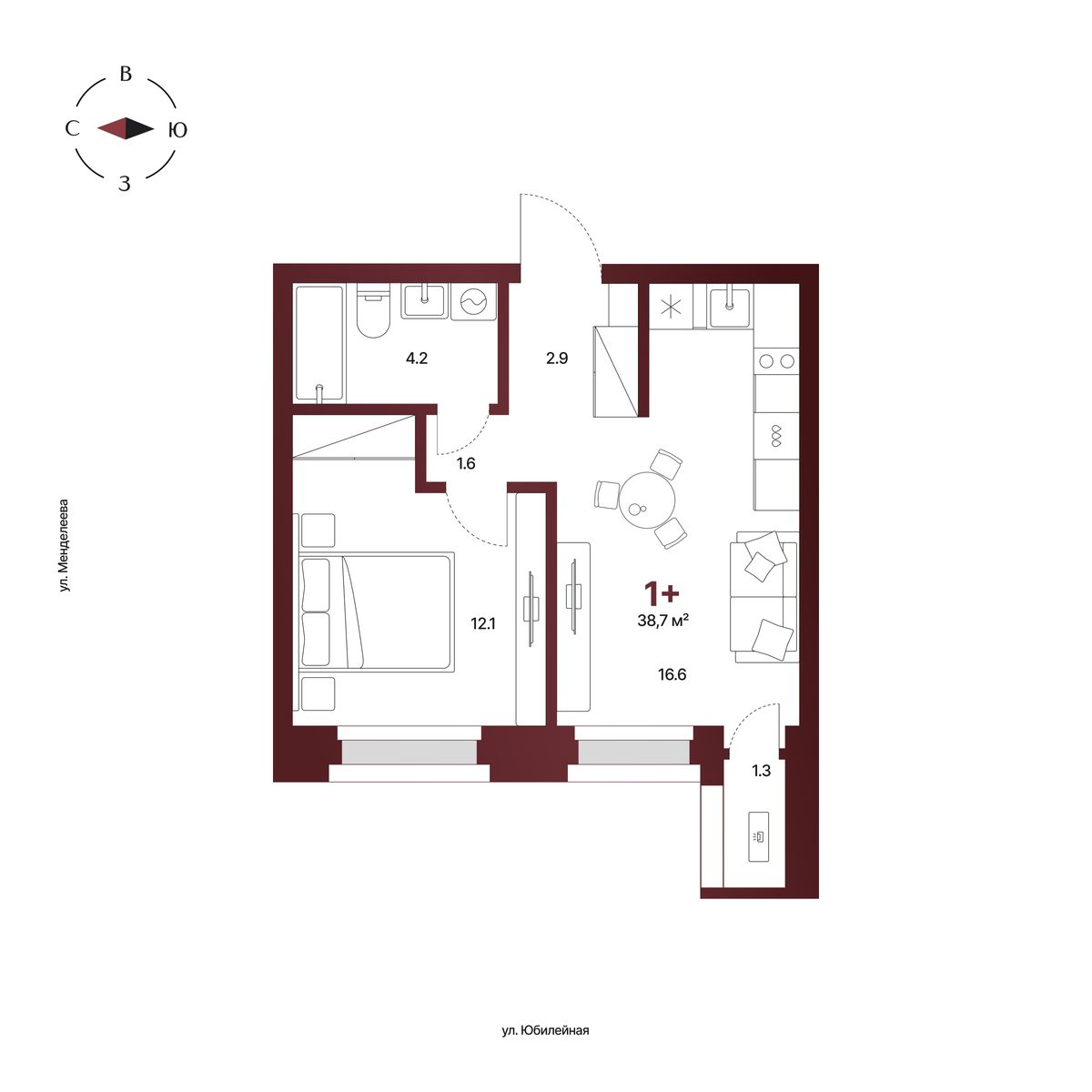 Планировка: 1-комнатная квартира 38,7 м², 9 этаж