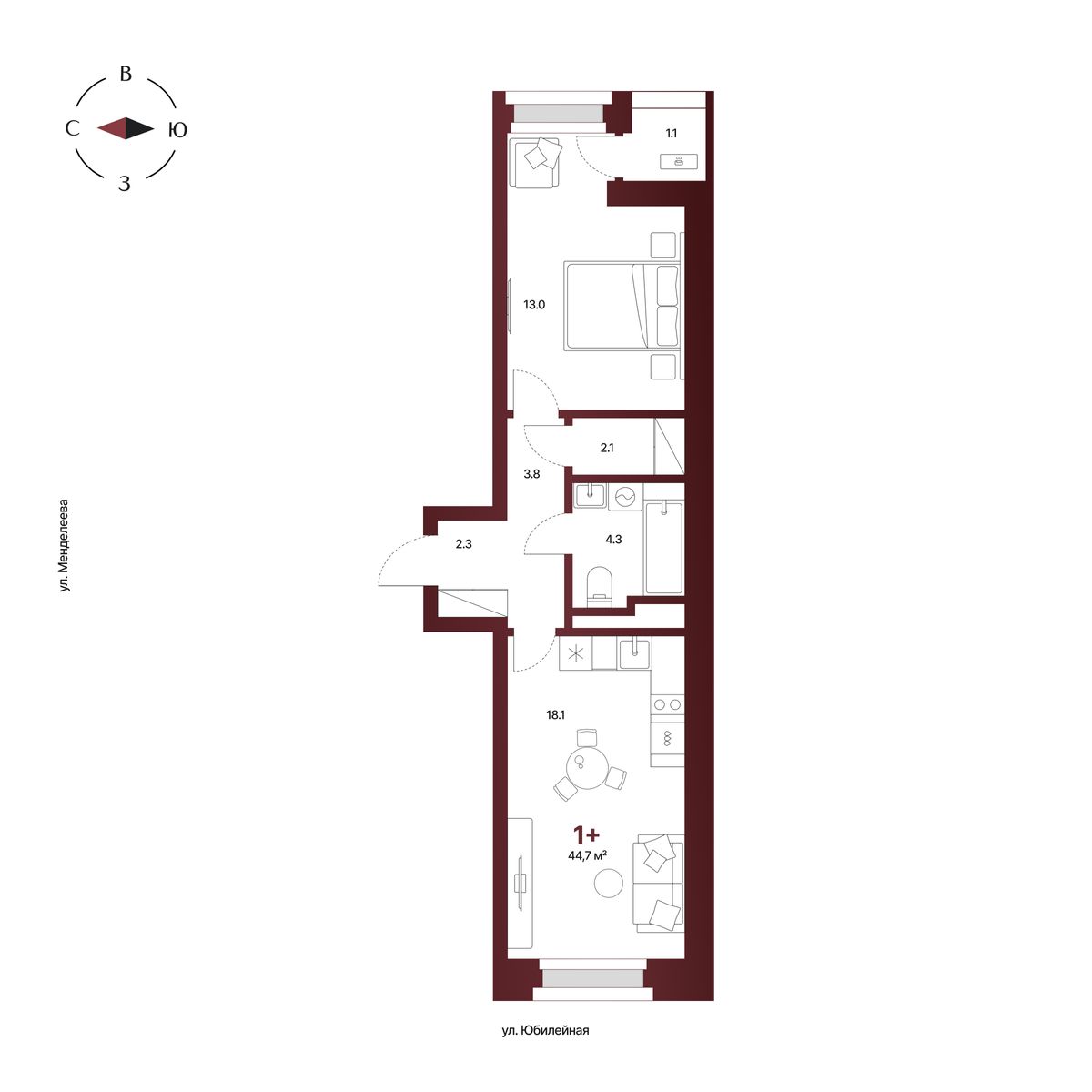 Планировка: 1-комнатная квартира 44,7 м², 8 этаж