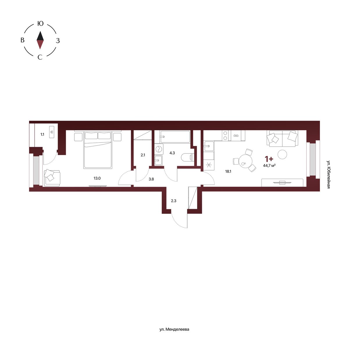 Планировка: 1-комнатная квартира 44,7 м², 7 этаж