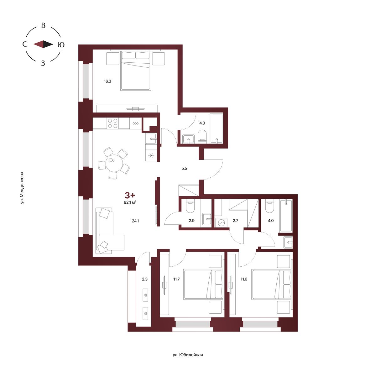 Планировка: 3-комнатная квартира 92,1 м², 7 этаж