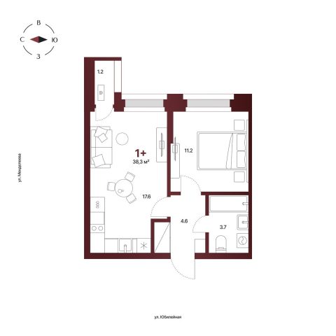 Планировка: 1-комнатная квартира 38,3 м², 4 этаж