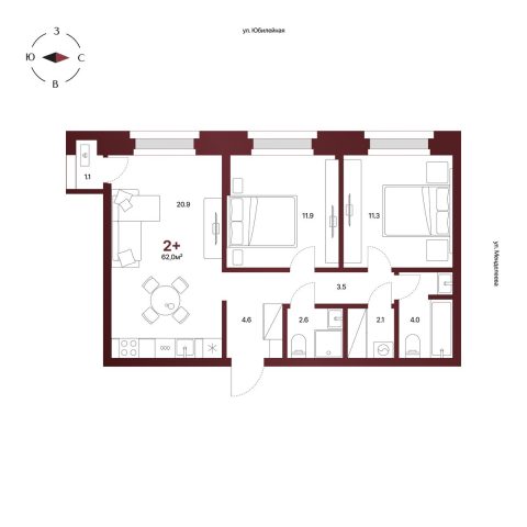 Планировка: 2-комнатная квартира 62 м², 6 этаж