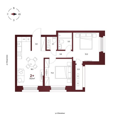Планировка: 2-комнатная квартира 55,8 м², 11 этаж