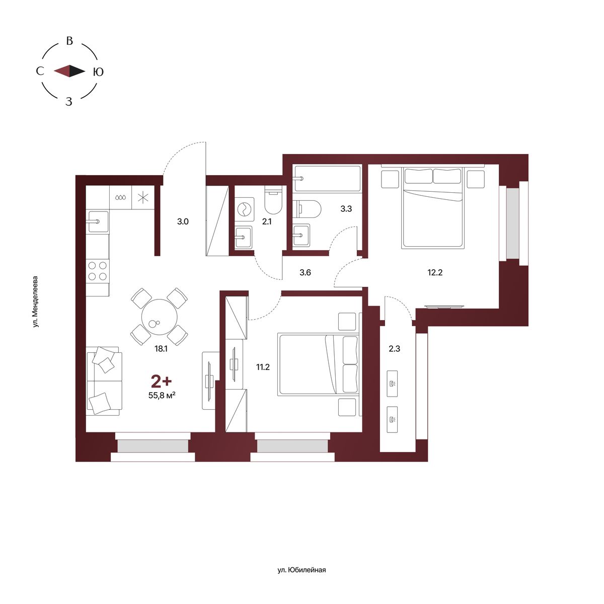 Планировка: 2-комнатная квартира 55,8 м², 11 этаж