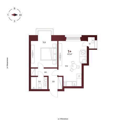 Планировка: 1-комнатная квартира 41,1 м², 3 этаж