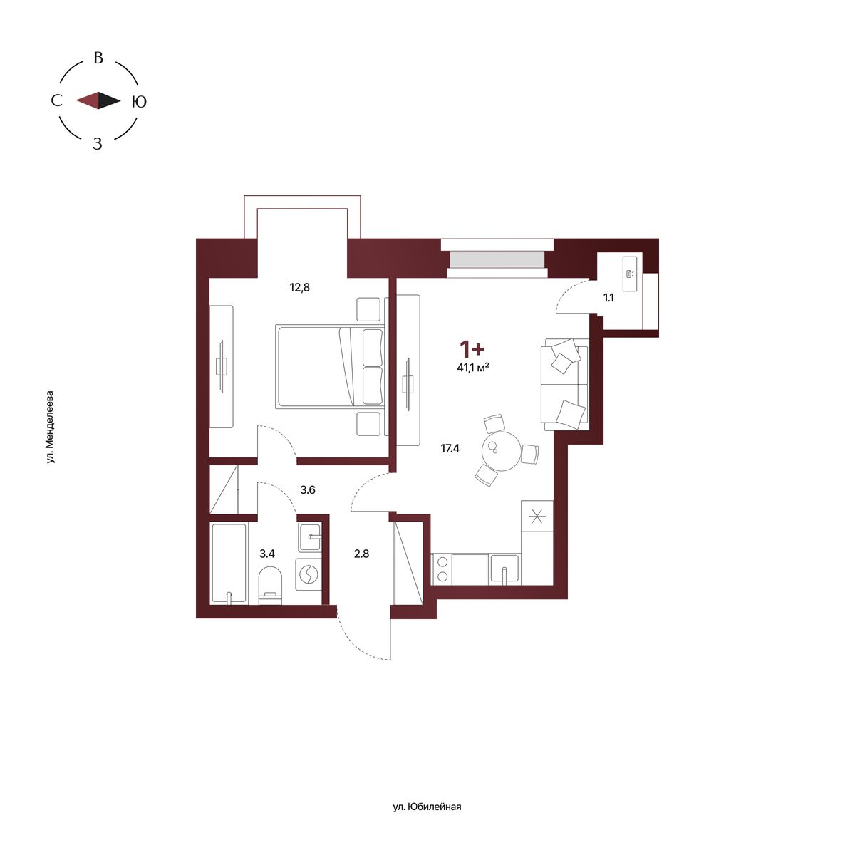 Планировка: 1-комнатная квартира 41,1 м², 3 этаж