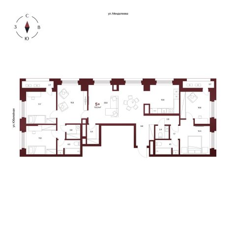 Планировка: 5-комнатная квартира 132,9 м², 14 этаж