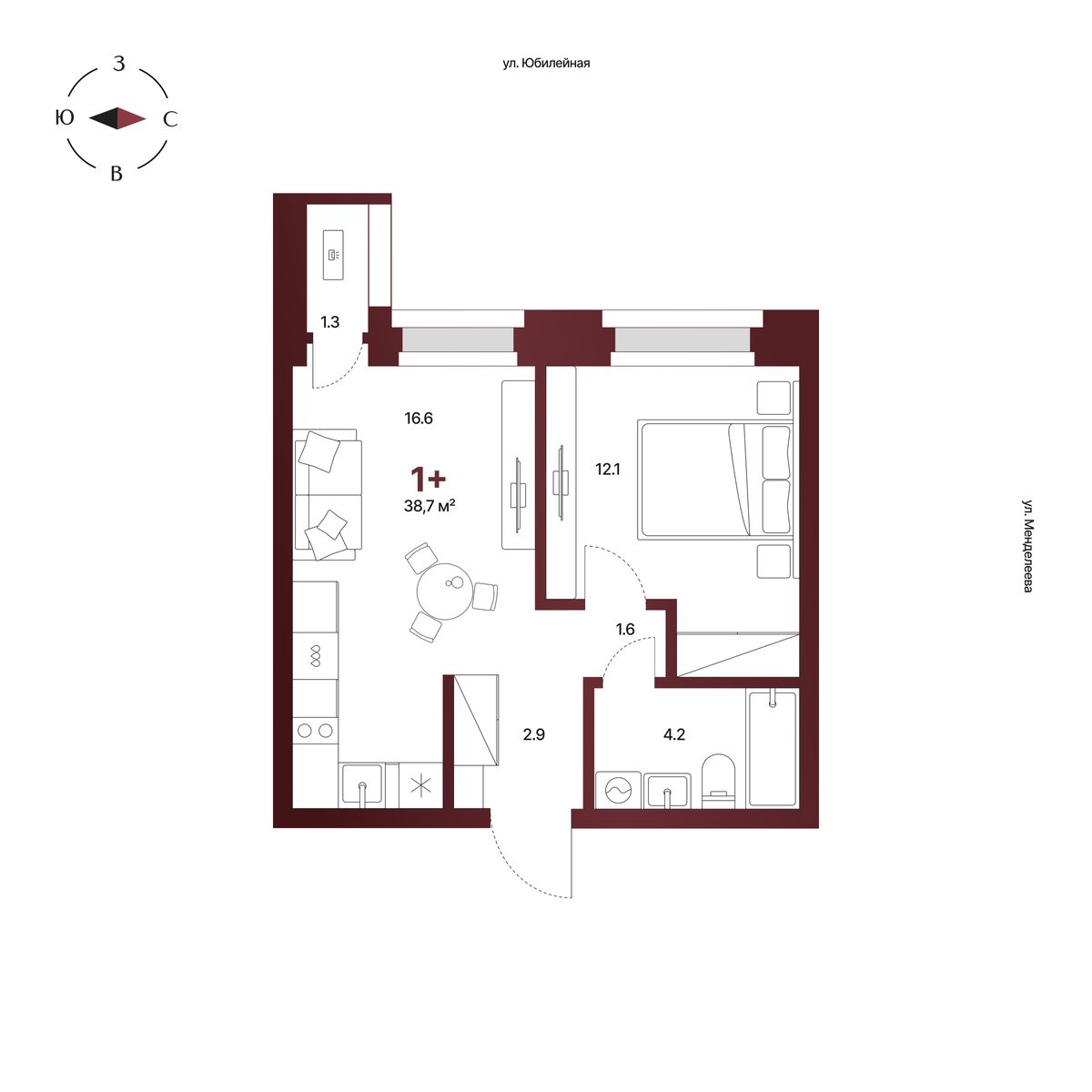 Планировка: 1-комнатная квартира 38,7 м², 5 этаж