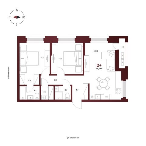 Планировка: 2-комнатная квартира 66,2 м², 14 этаж