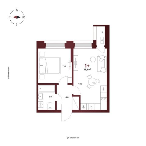 Планировка: 1-комнатная квартира 38,3 м², 9 этаж