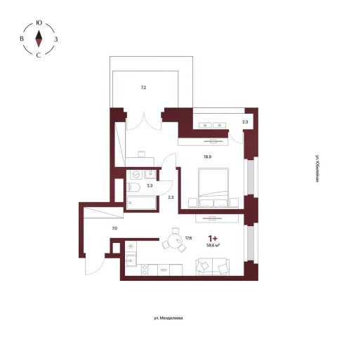 Планировка: 1-комнатная квартира 58,6 м², 12 этаж
