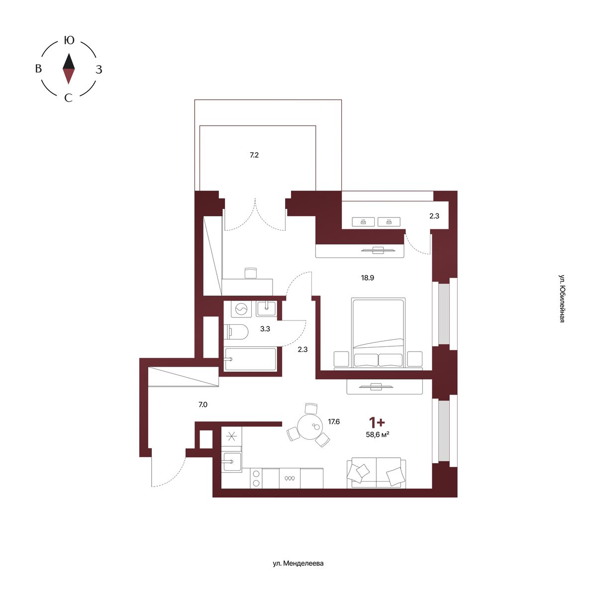 Планировка: 1-комнатная квартира 58,6 м², 12 этаж