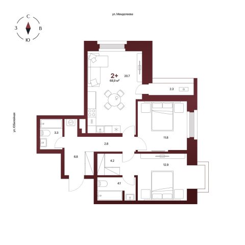 Планировка: 2-комнатная квартира 68,9 м², 4 этаж